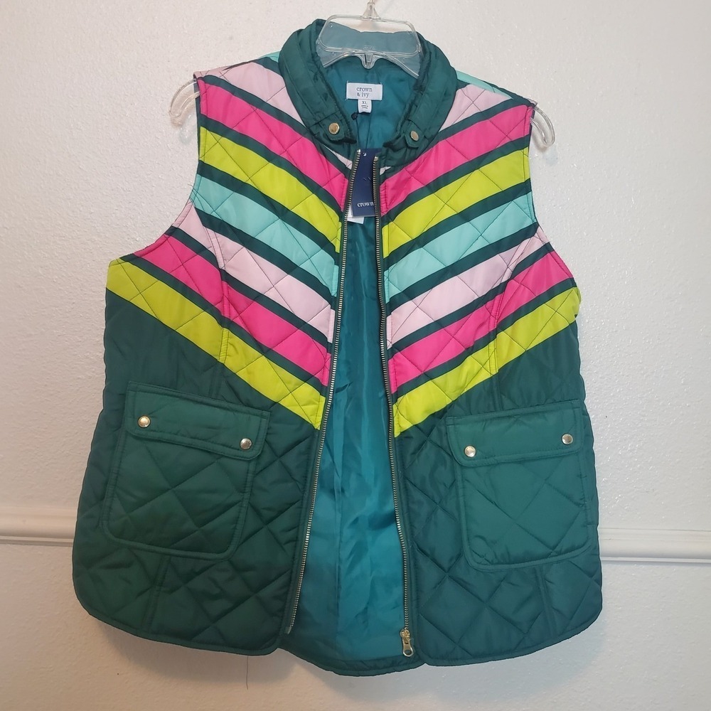 Crown & Ivy Women's Quilted Vest XL Green Pink Yellow Blue Stripe Pockets Full Z